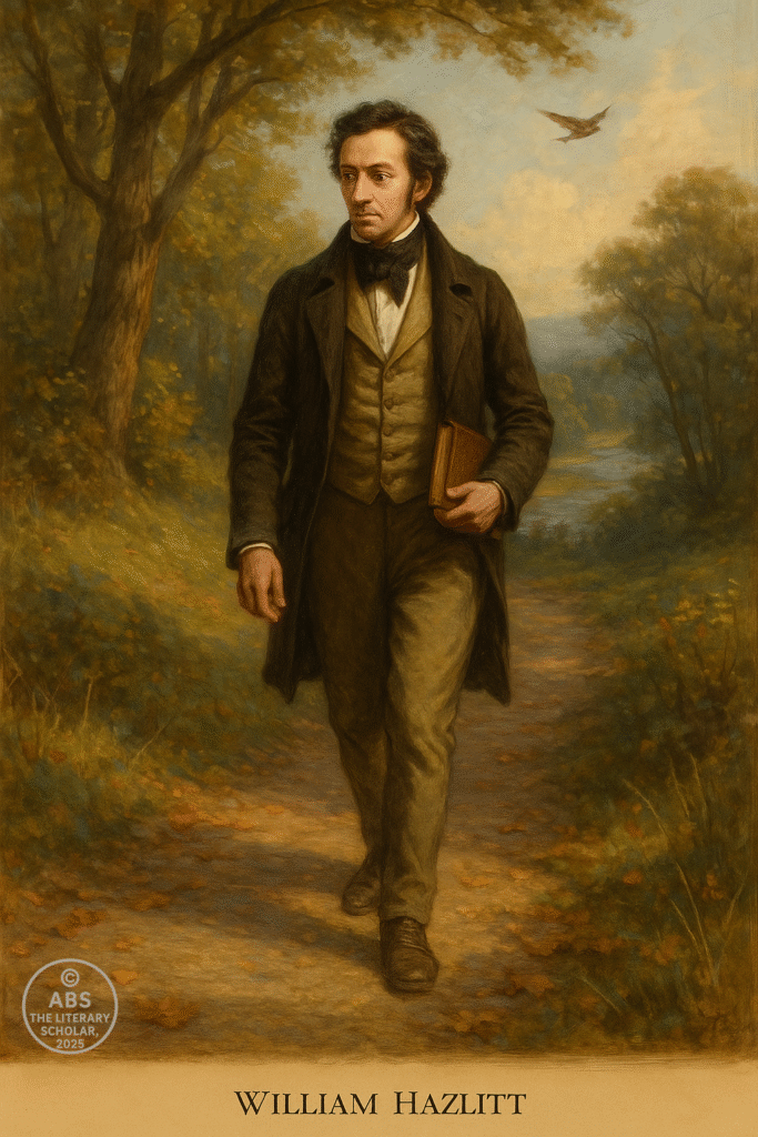 William Hazlitt walking alone on a sun-dappled country path, immersed in Nature, carrying a small book — embodying his essay On Going a Journey.