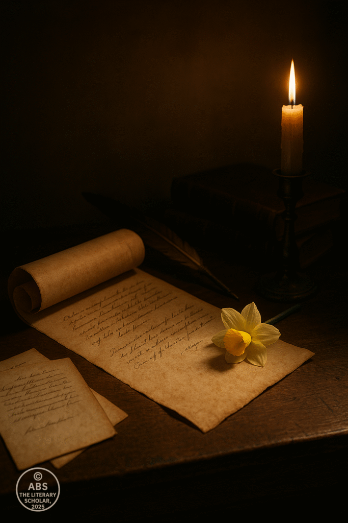 A partially rolled poetic scroll with a quill, candle, and wildflower on a wooden table — symbolizing the closing of the Romantic Era Part One scroll.