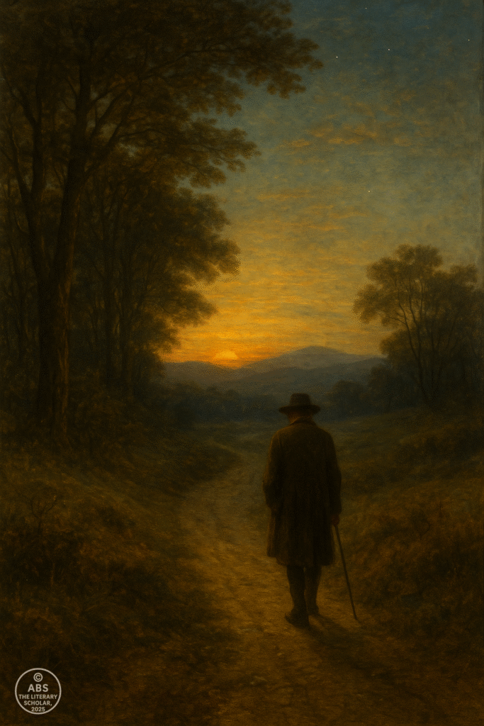 A solitary poet walking at twilight through the countryside, discovering Nature as a living presence in poetry.