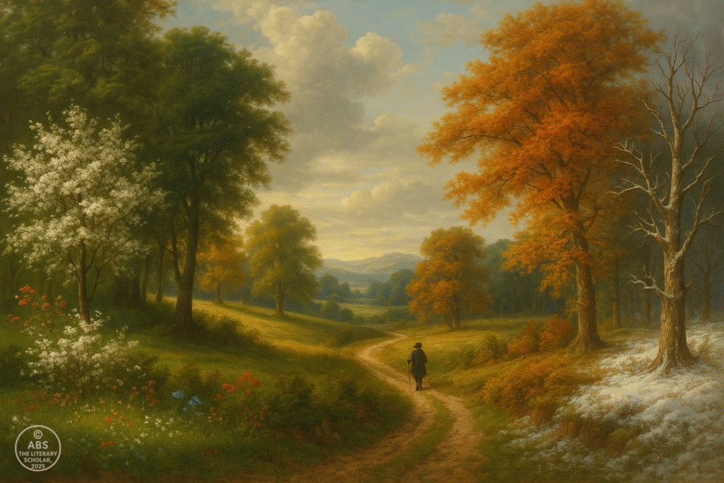 An English countryside landscape blending the four seasons, inspired by James Thomson’s The Seasons.