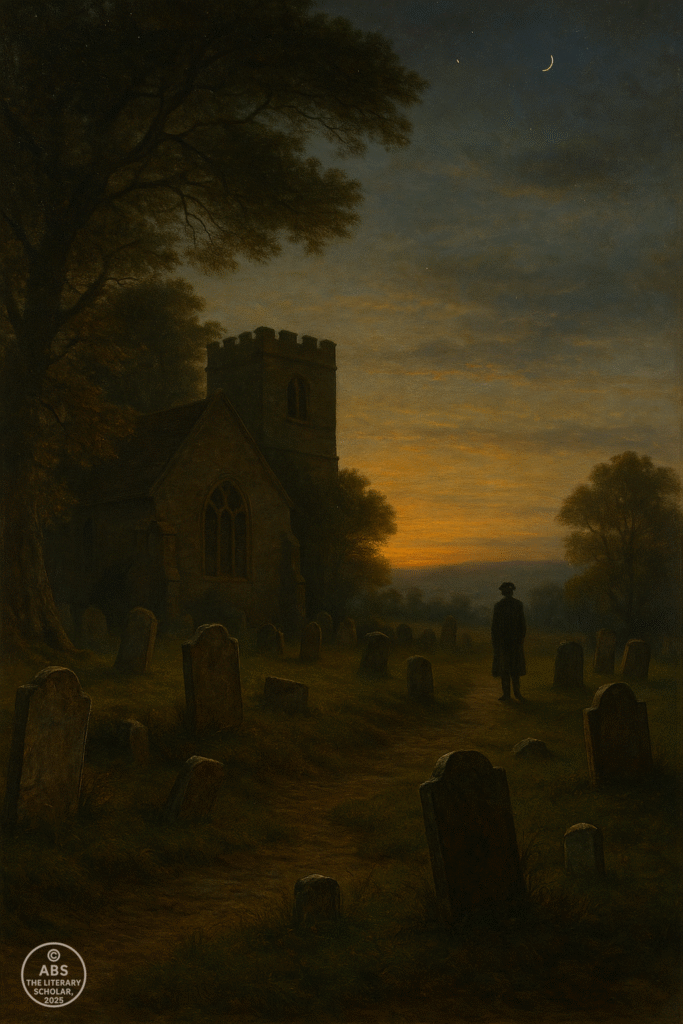 A country churchyard at dusk with old gravestones, a solitary poet reflecting among them — inspired by Thomas Gray’s Elegy.
