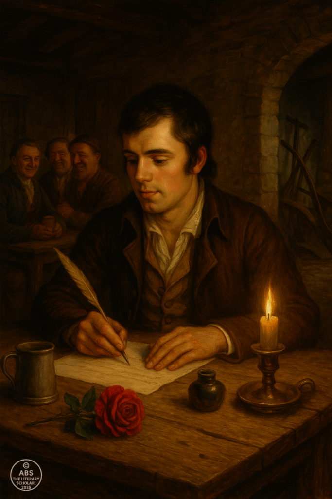 Young Robert Burns writing by candlelight with a red rose beside him — inspired by “My Luve is like a red, red rose.”