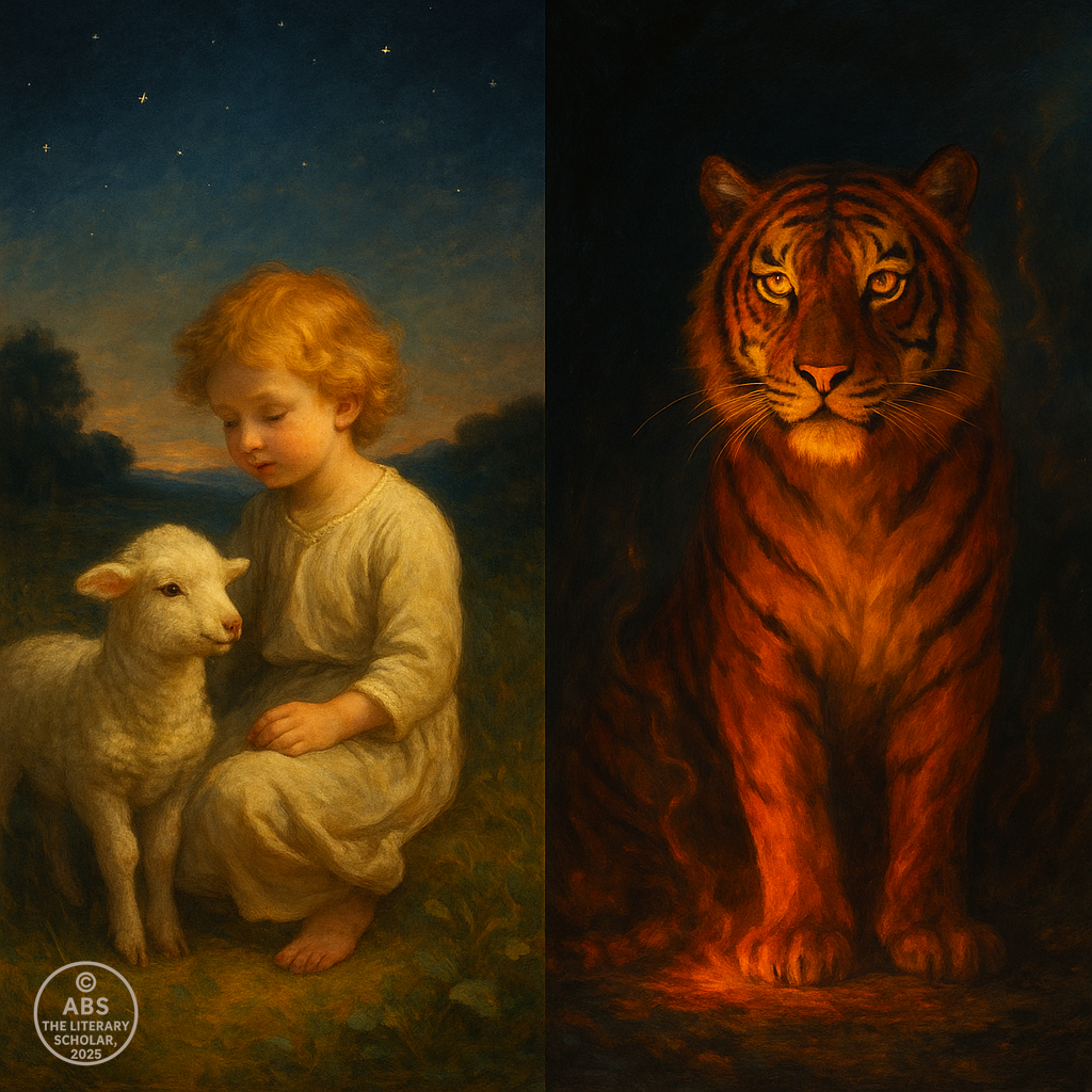 A visionary image of a child and lamb beside a burning tiger — inspired by William Blake’s Songs of Innocence and Experience.