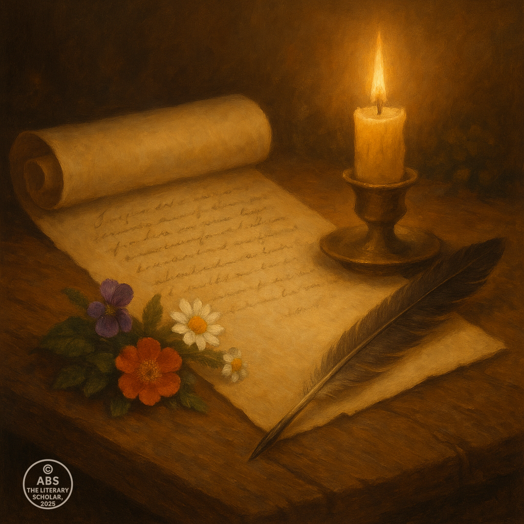 An open scroll with handwritten text, a quill, wildflowers, and a lit candle — symbolizing the close of the Transition Era scroll.