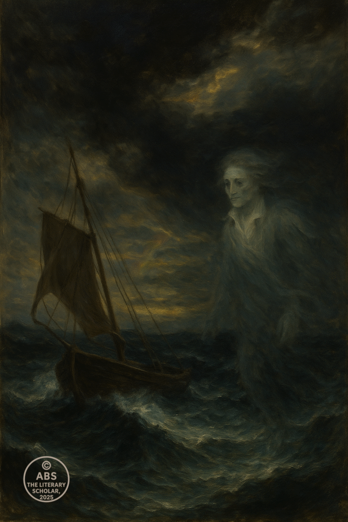 An oil painting in Romantic style depicting a small sailboat caught in a stormy sea, with a ghostly figure of Percy Bysshe Shelley faintly visible amidst the waves, symbolizing his tragic sea death.