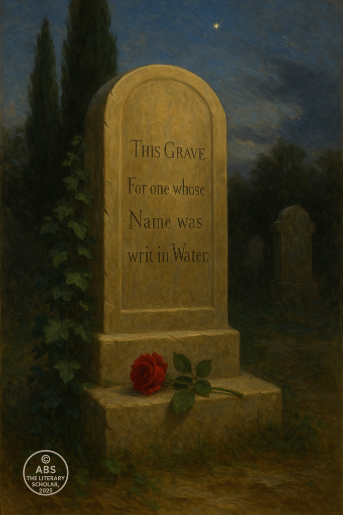 An oil painting in Romantic realism style showing John Keats’s gravestone in Rome, inscribed with “Here lies one whose name was writ in water,” with a single red rose placed upon it.