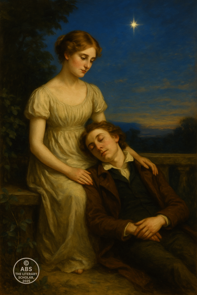 An oil painting in Romantic style depicting John Keats resting with his head on Fanny Brawne’s lap in a twilight garden, beneath a luminous bright star.