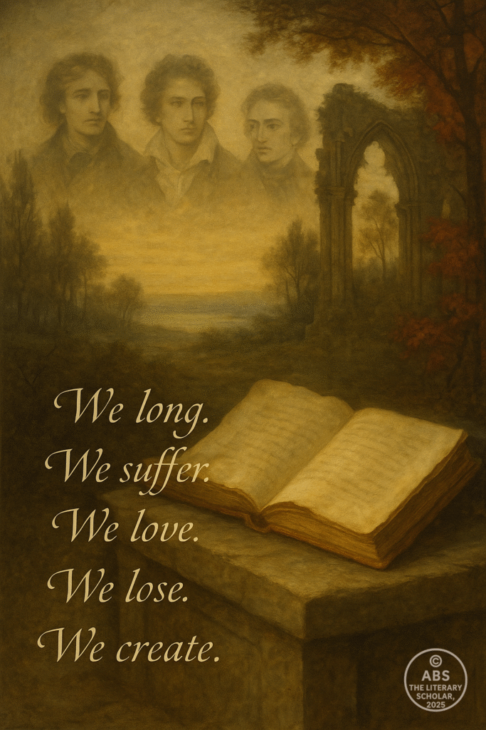 A Romantic-style oil painting showing a glowing poetry scroll on a stone pedestal under twilight skies, with ghostly figures of Byron, Shelley, and Keats in the mist, and the quote “We long. We suffer. We love. We lose. We create.” written in calligraphy.