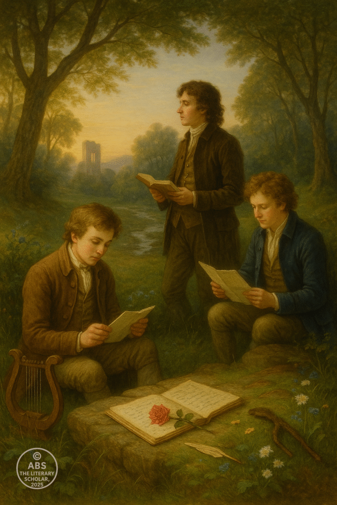 Young poets reading manuscripts in a woodland glade at dawn, symbolizing the awakening poetic spirit before Romanticism.