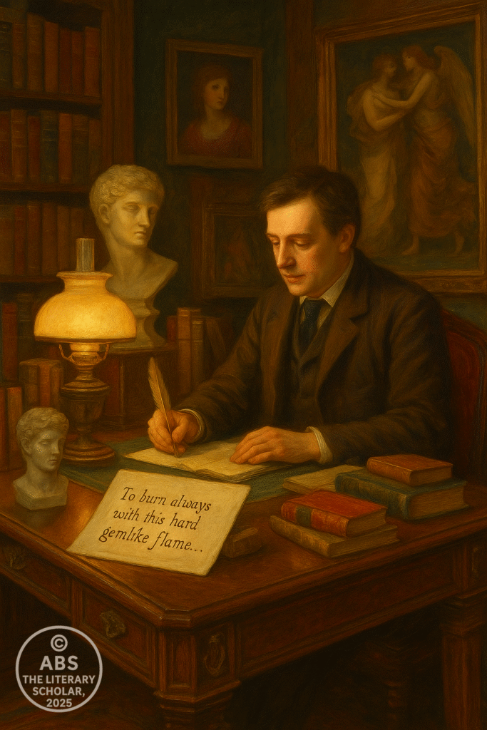 A richly decorated Victorian scholar’s study with classical busts, Renaissance art, notes referencing “hard, gemlike flame,” and books on art and philosophy illuminated by an oil lamp