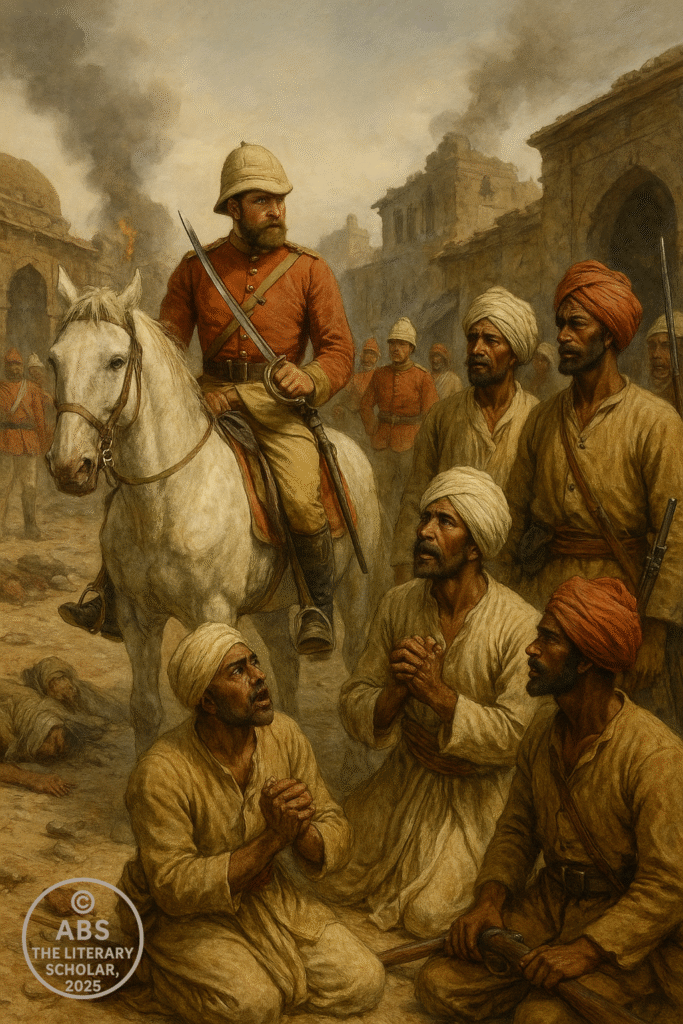 British officer on horseback addressing Indian sepoys amid devastated market during Indian Rebellion of 1857