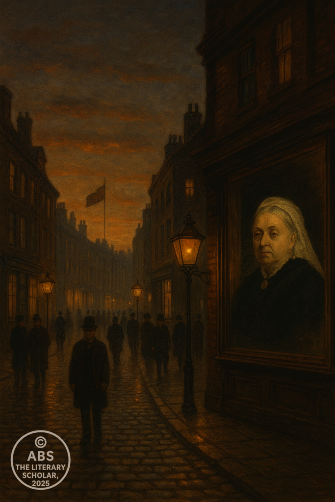 Victorian street at dusk with gas lamps, Union Jack above rooftops, Queen Victoria portrait in shop window