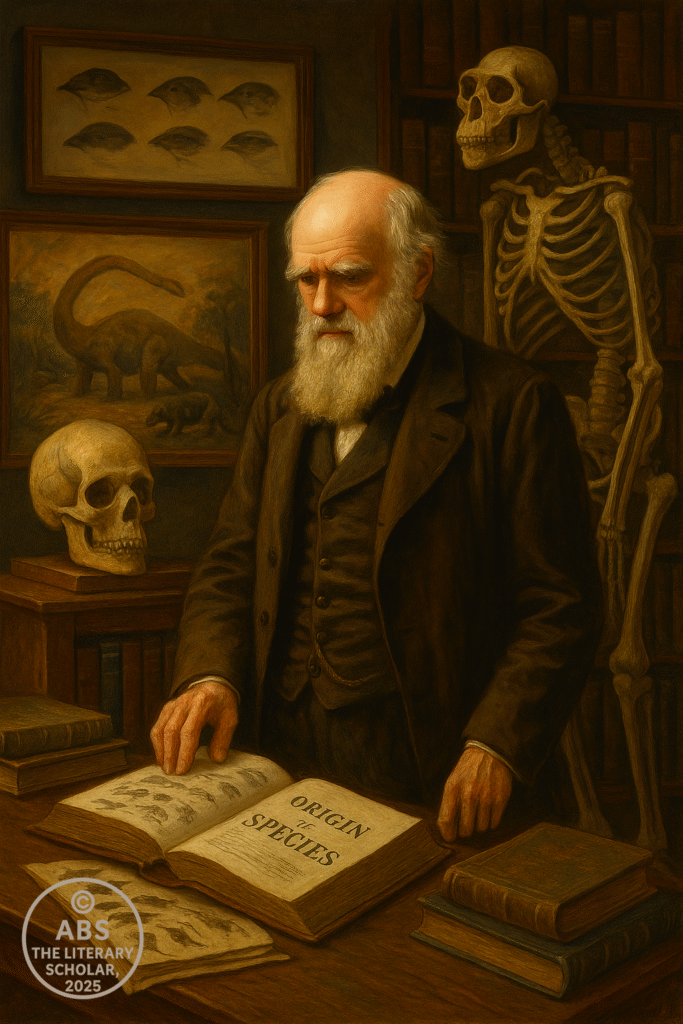 Charles Darwin seated at a writing desk with open books and illustrated species charts, symbolic tree of life glowing in the background