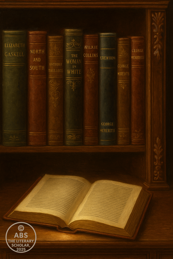 Victorian bookshelf with spines of Mary Barton, North and South, Barsetshire Chronicles, The Woman in White, Erewhon, The Egoist, and an open glowing book in the foreground