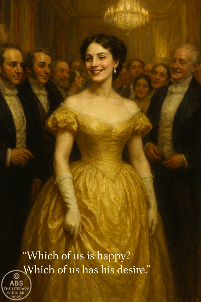 Becky Sharp smiling knowingly at a grand society ball, surrounded by fawning aristocrats