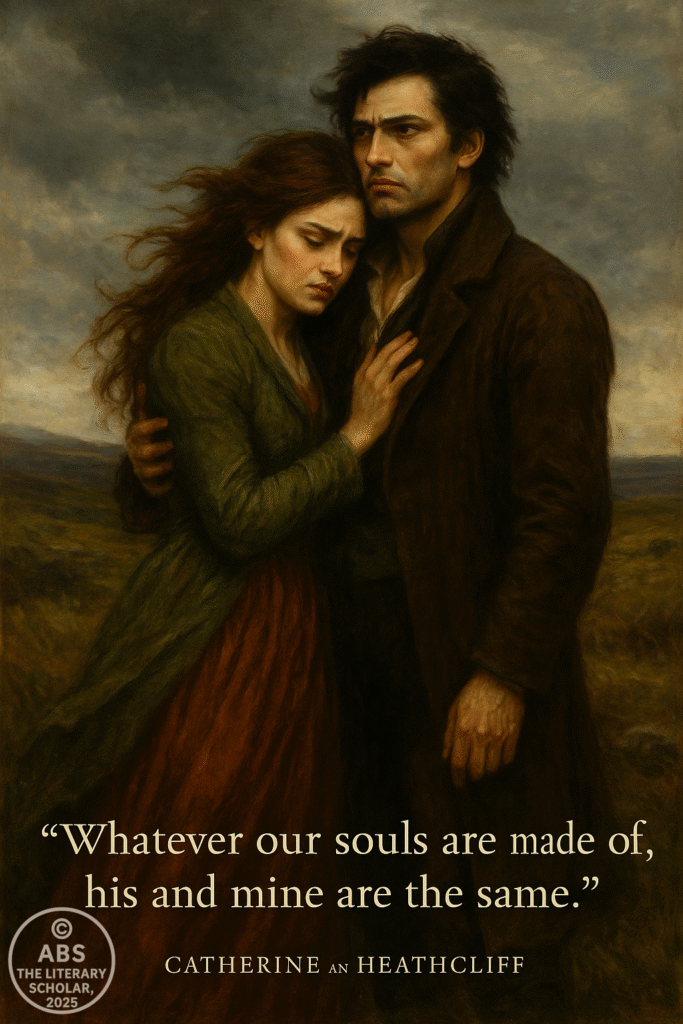 Heathcliff and Catherine standing apart yet bound together on the windswept Yorkshire moors “I am Heathcliff.” — Love beyond life and law.
