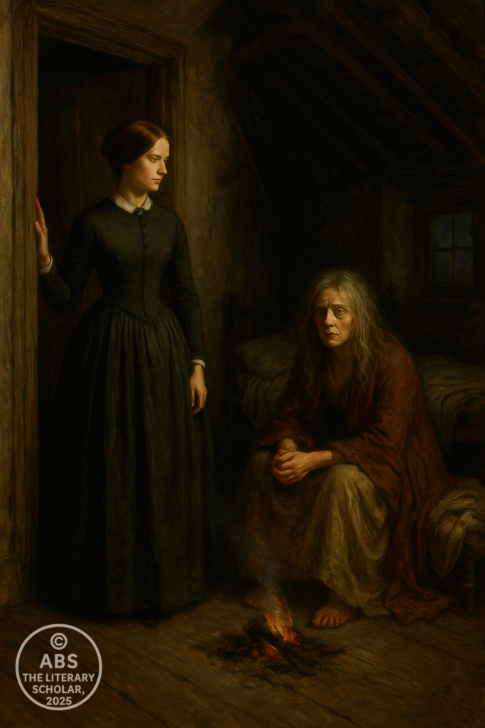 Jane Eyre standing in an attic doorway, gazing at the disheveled figure of Bertha Mason by a small fire