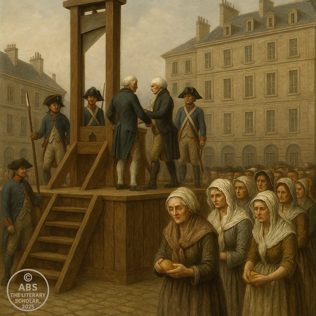 Guillotine scene with French citizens in line and aristocrats observing, from A Tale of Two Cities