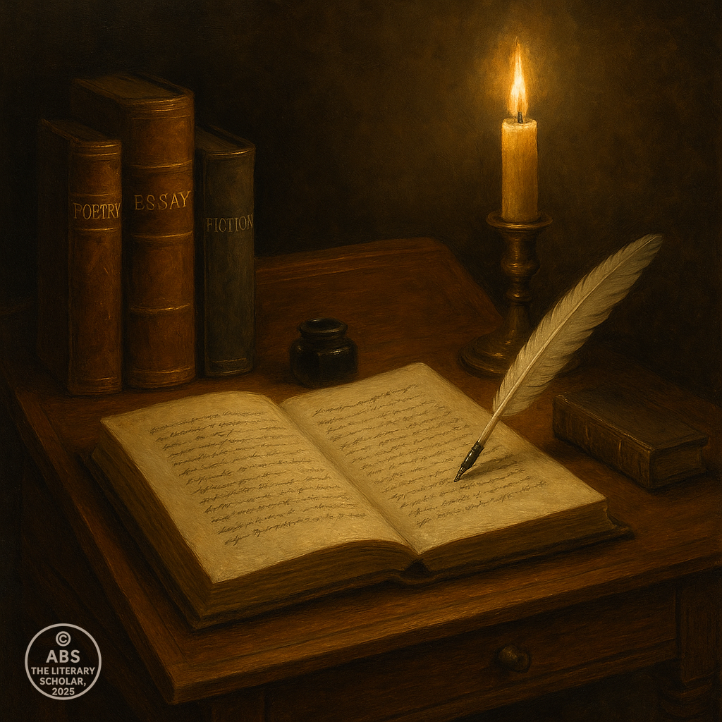 An oil painting of an antique wooden writing desk with an open manuscript, a quill pen, worn books titled "Poetry," "Essay," and "Fiction," and a candle burning softly, symbolizing the Romantic prose tradition.