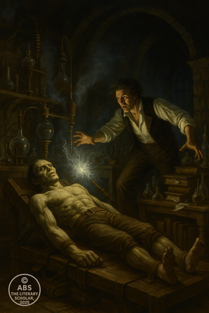 An oil painting on canvas depicts the dramatic scene in Frankenstein’s laboratory, where Dr. Victor Frankenstein stands amidst Gothic machinery, wires, and alchemical instruments, raising his hands as his monstrous creation begins to stir on the slab, illuminated by eerie lightning and arcane light.
