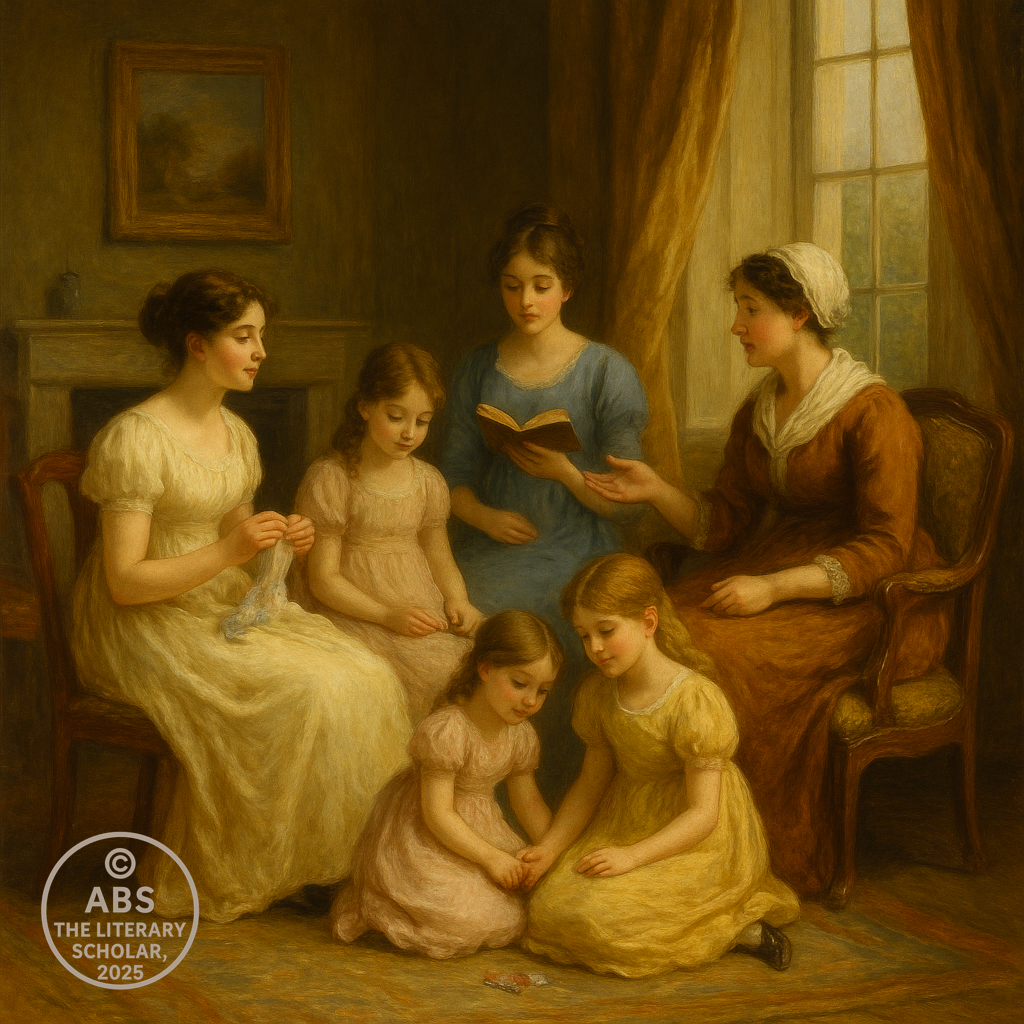 An oil painting depicts five sisters of varying ages and their mother seated in a Regency-era drawing room; the eldest daughters are sewing and reading, while the younger two play on the floor, and the mother offers guidance, all in elegant period gowns.