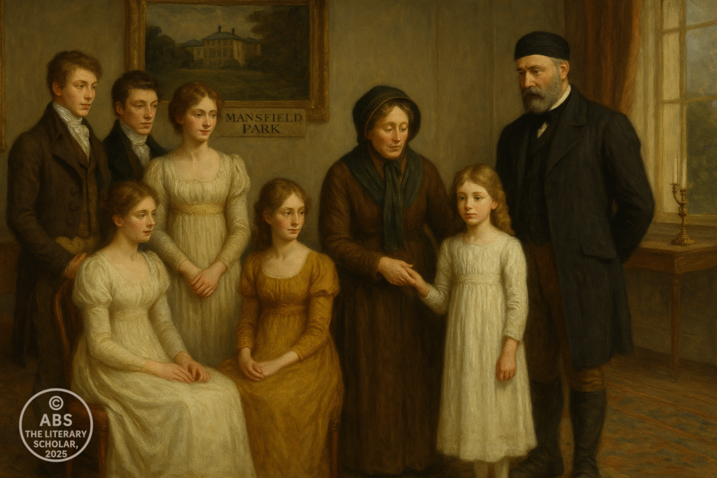 An oil painting depicts 10-year-old Fanny Price entering the drawing room of Mansfield Park with her aunt. She stands shyly as her four elder cousins — two girls aged 14 and 16, and two boys aged 17 and 18 — observe her. Sir Thomas Bertram, bearded and capped, presides over the scene in a stately, elegant Regency room where “Mansfield Park” is visibly inscribed in the decor.