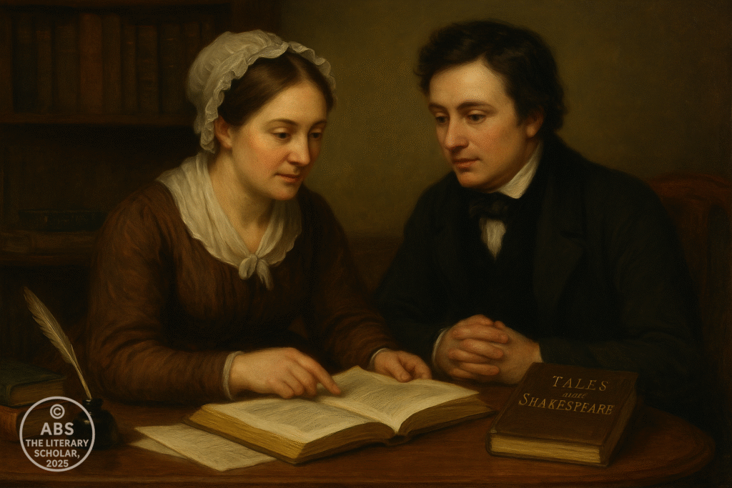 An oil painting in Romantic realism style depicts Charles and Mary Lamb seated together in a cozy Regency-era study, discussing an open copy of Tales of Shakespeare on the table. Bookshelves, quill, and inkwell surround them, evoking their shared literary endeavor.