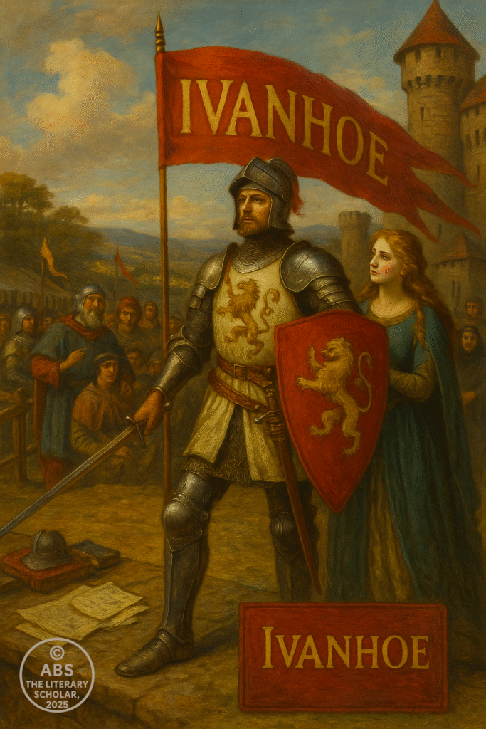 An oil painting in Romantic style depicts a dramatic scene from Walter Scott’s Ivanhoe: the armored knight Ivanhoe stands prominently with a shield bearing his name, banners fluttering with “Ivanhoe” visible. A castle looms in the background, with Lady Rowena and Rebecca observing, amid a medieval tournament crowd.