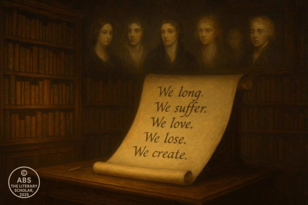 An oil painting in Romantic style shows a grand literary study with tall bookshelves and a central writing desk where an open scroll displays the words: “We long. We suffer. We love. We lose. We create.” Subtle spectral portraits of Mary Shelley, Jane Austen, Charles Lamb, William Hazlitt, and Walter Scott appear in the background mist, symbolizing their enduring literary presence.