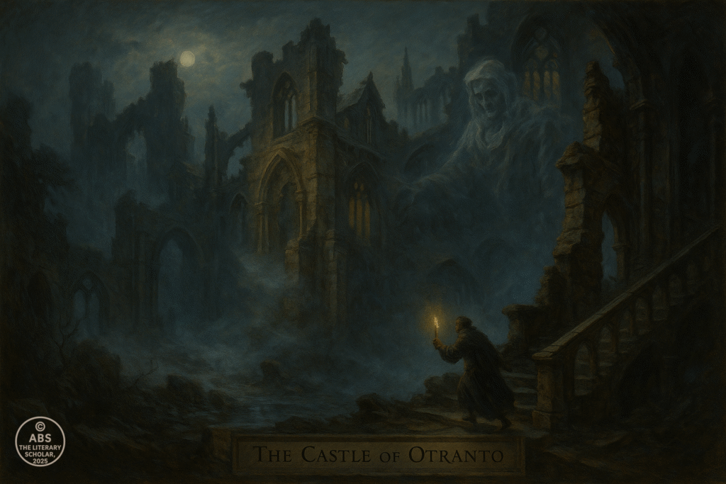 An oil painting titled The Castle of Otranto depicts a crumbling Gothic castle under a moonlit sky, its towering ruins shrouded in mist. A cloaked figure holding a candle ascends a stone staircase, confronting a giant spectral apparition that looms amid the ruins, embodying the supernatural terror of Horace Walpole’s novel.