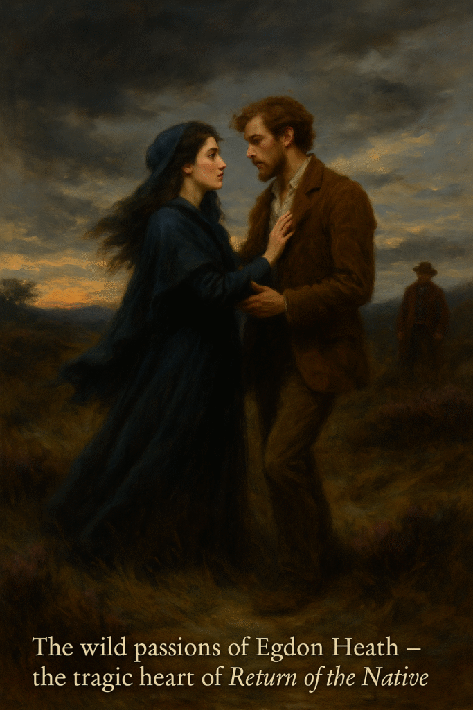 Eustacia Vye and Clym Yeobright standing on windswept Egdon Heath in intense conversation, with Diggory Venn watching them from the shadows