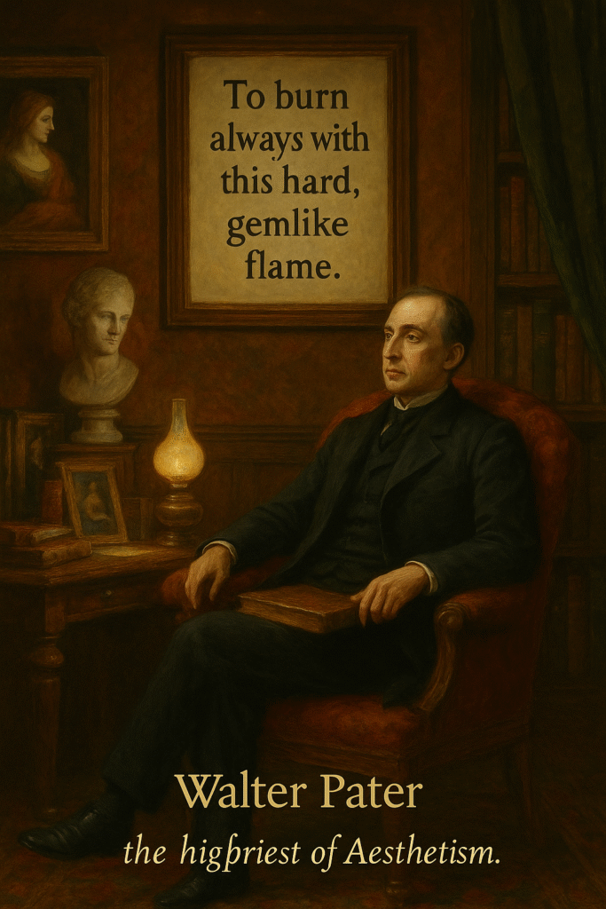 Walter Pater seated in an elegant Victorian study, surrounded by Renaissance art, classical busts, richly bound books, and a framed quote reading “To burn always with this hard, gemlike flame”