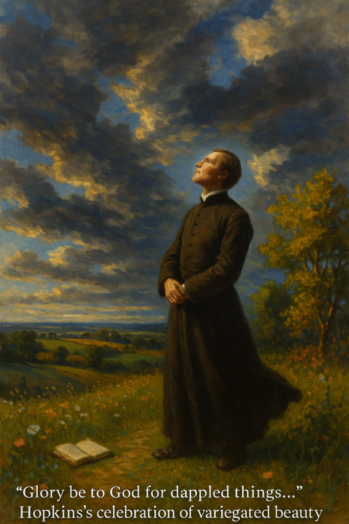 Gerard Manley Hopkins standing in a sun-dappled field, gazing at a sky of variegated clouds, surrounded by patchwork fields and speckled flowers
