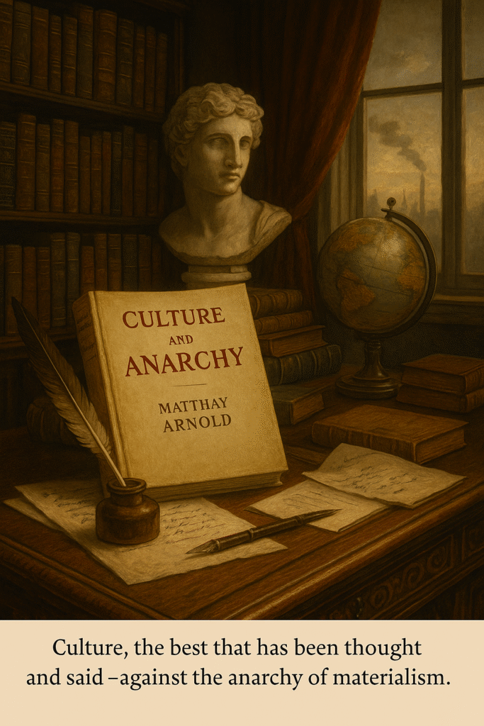 Victorian study with open volume of Culture and Anarchy on a scholar’s desk, quill pen, globe, Greek bust, and industrial smoke visible through window