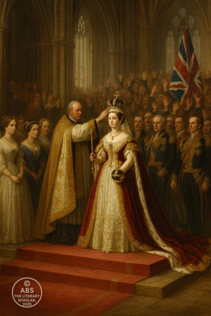 At just eighteen, Queen Victoria was crowned amidst imperial pomp—an empire’s hopes placed upon a young queen.