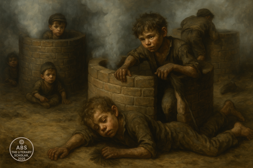 Child chimney sweepers — boys aged 3 to 5, soot-blackened, working in chimneys