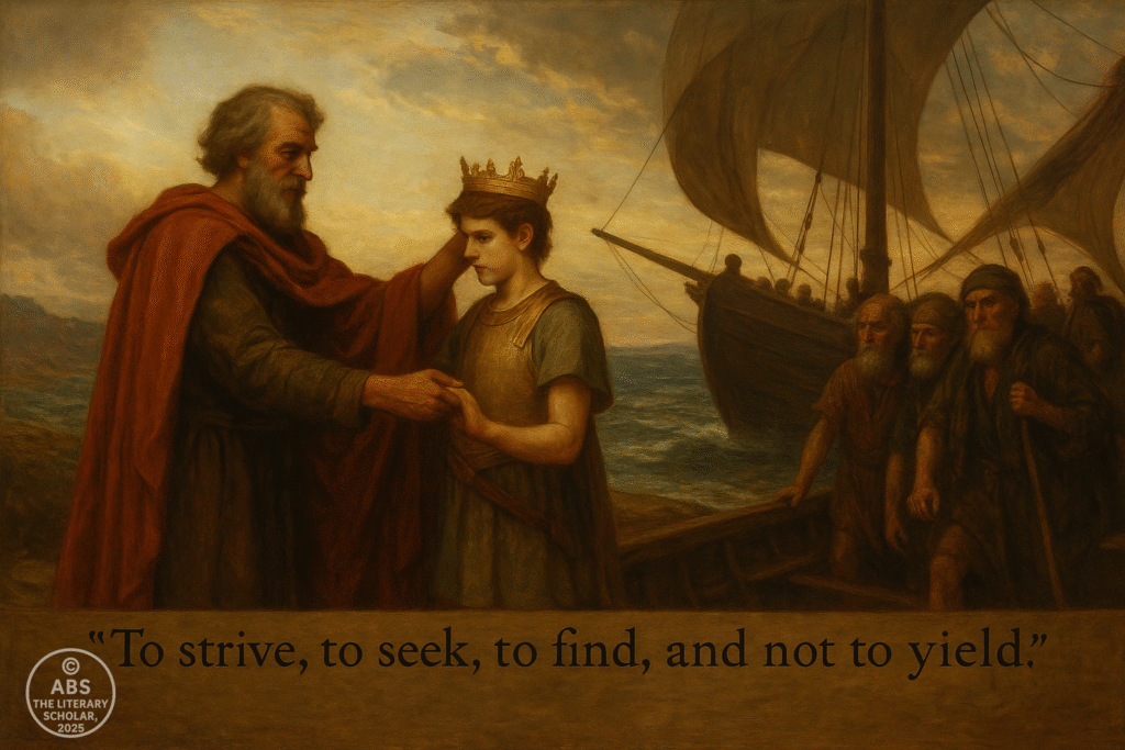 “To strive, to seek, to find, and not to yield.” — Ulysses passes the crown, but his heart still sails toward uncharted horizons.