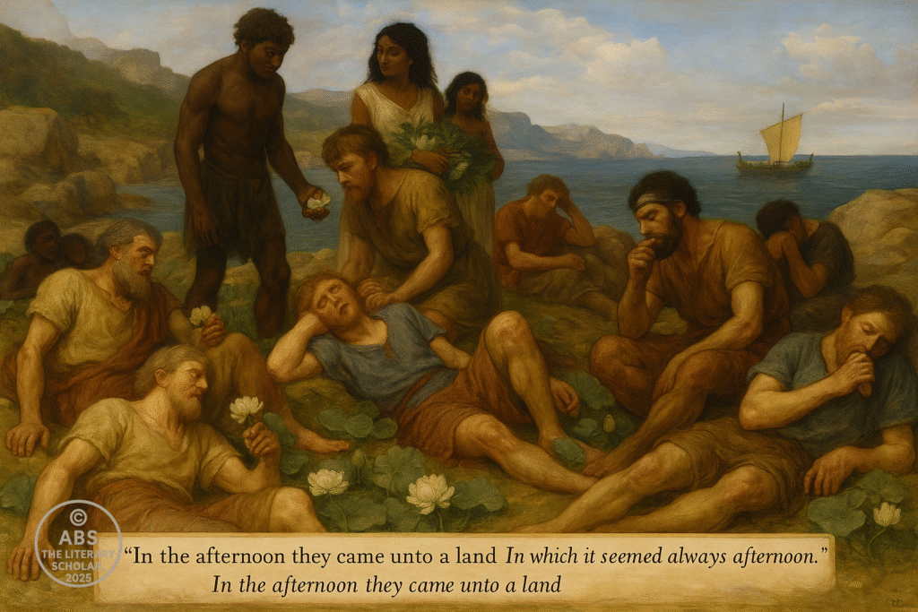 “In the afternoon they came unto a land In which it seemed always afternoon.” — The sailors tasted the lotus and forgot the call of home.
