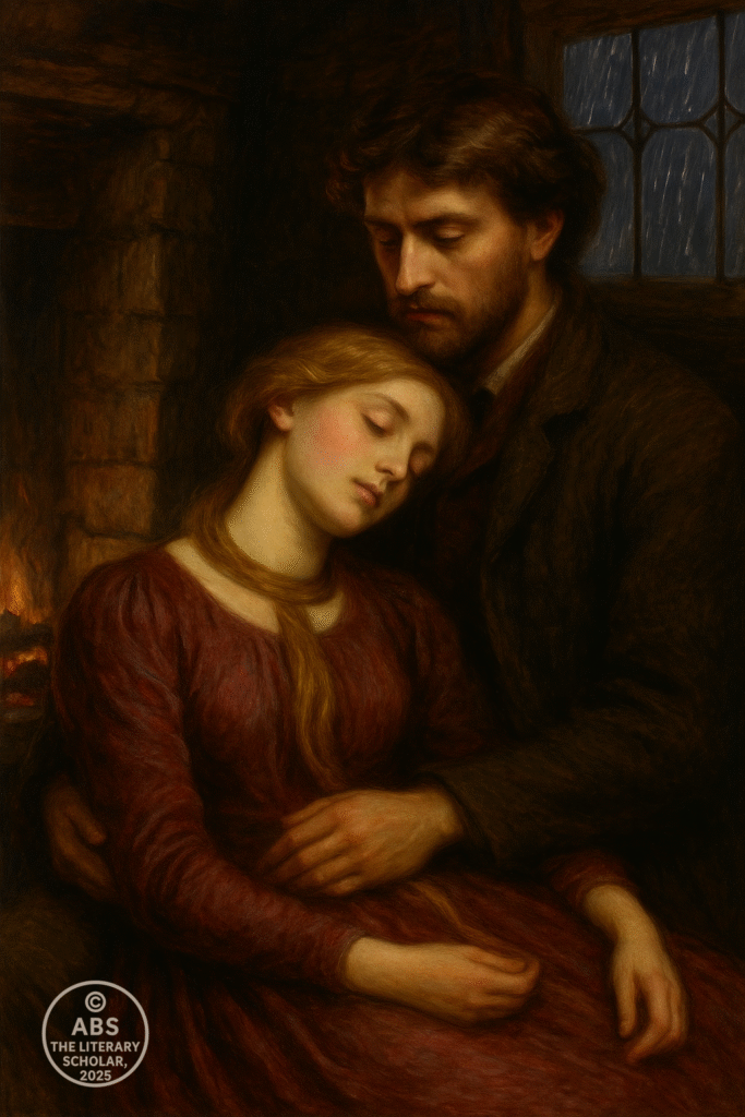 Porphyria’s Lover — Porphyria’s lifeless, pink-cheeked head resting on her lover’s shoulder, strangled with her own hair