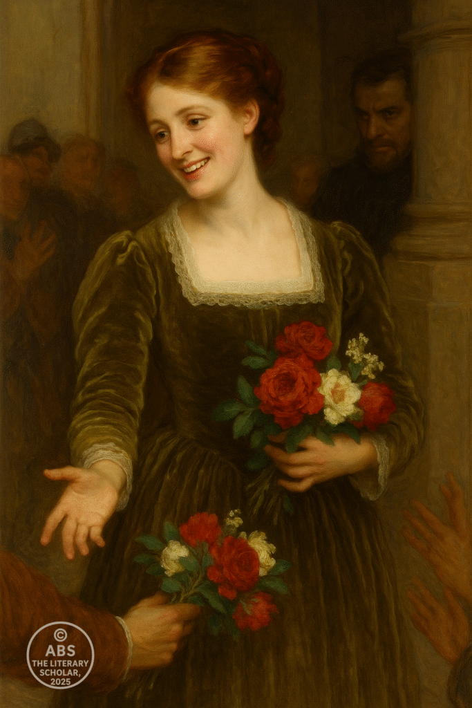 My Last Duchess smiling, offering flowers to well-wishers, with the jealous Duke watching in the shadows
