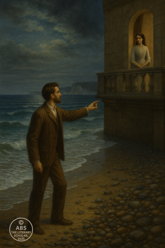 Dover Beach at night — waves ebbing and flowing over pebbles, a lover gesturing toward his beloved on a balcony