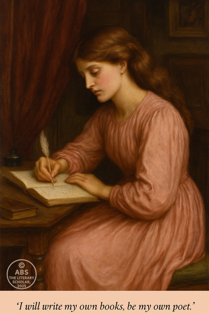 Aurora Leigh in a pink gown writing poetry against her aunt’s wishes