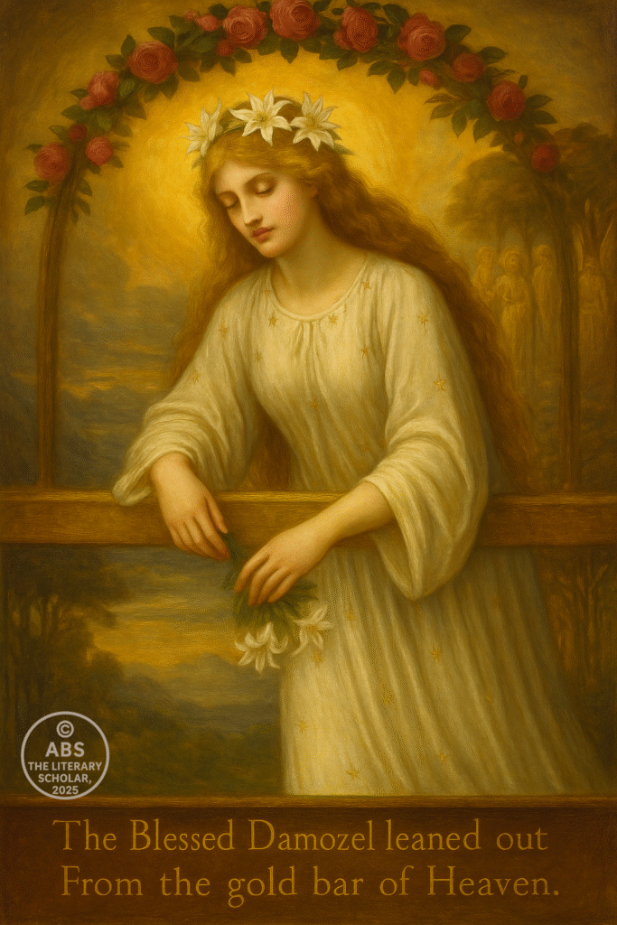 The Blessed Damozel leaning from Heaven’s golden bar, crowned with lilies and framed by roses