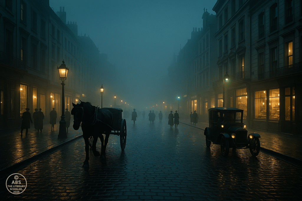A foggy early 20th-century city street with gas lamps, early motorcar, and horse-drawn carriage—symbolizing the fading Victorian world and arrival of modernity.