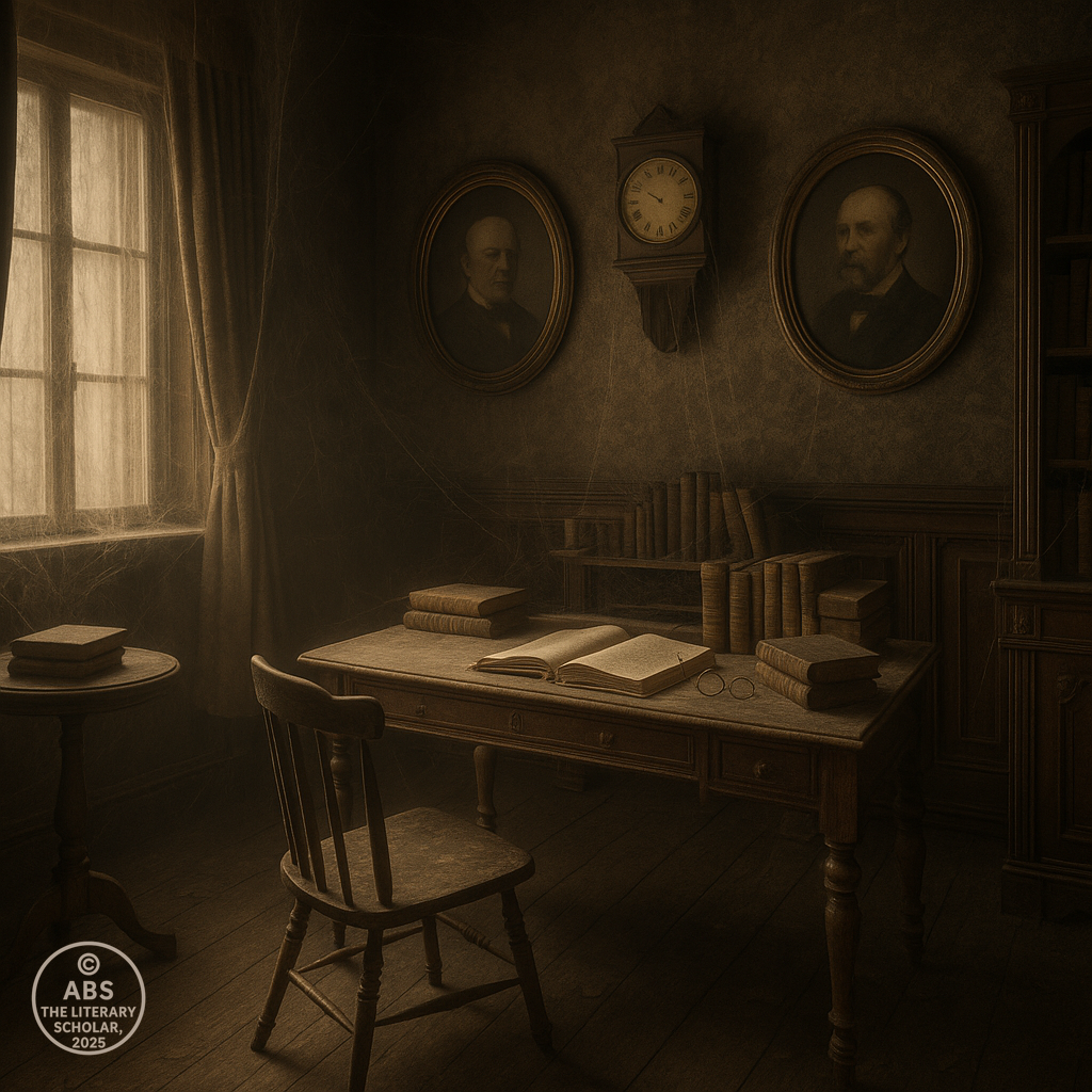 An abandoned Victorian study room with dusty books, a stopped clock, cobweb-covered furniture, and faded portraits—symbolizing the intellectual and moral decline of the Victorian age.