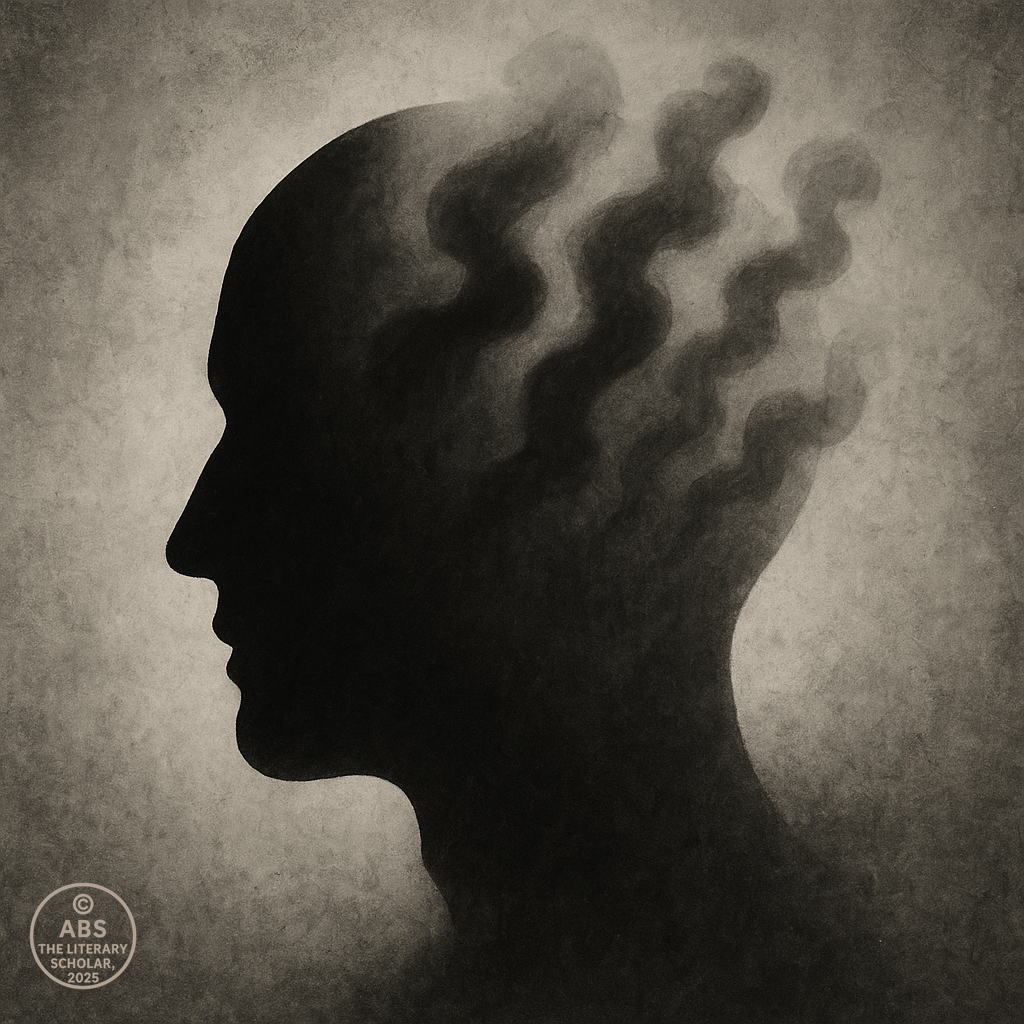 A silhouetted human head with shadowy, smoke-like tendrils emerging from it—symbolizing the emergence of the unconscious mind and the hidden depths of human psychology.