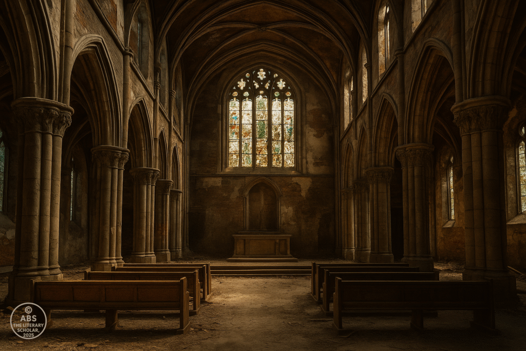An abandoned Gothic church interior with empty pews, a faded altar, and stained-glass windows — symbolizing the decline of religious certainty and the spiritual crisis of the modern age.