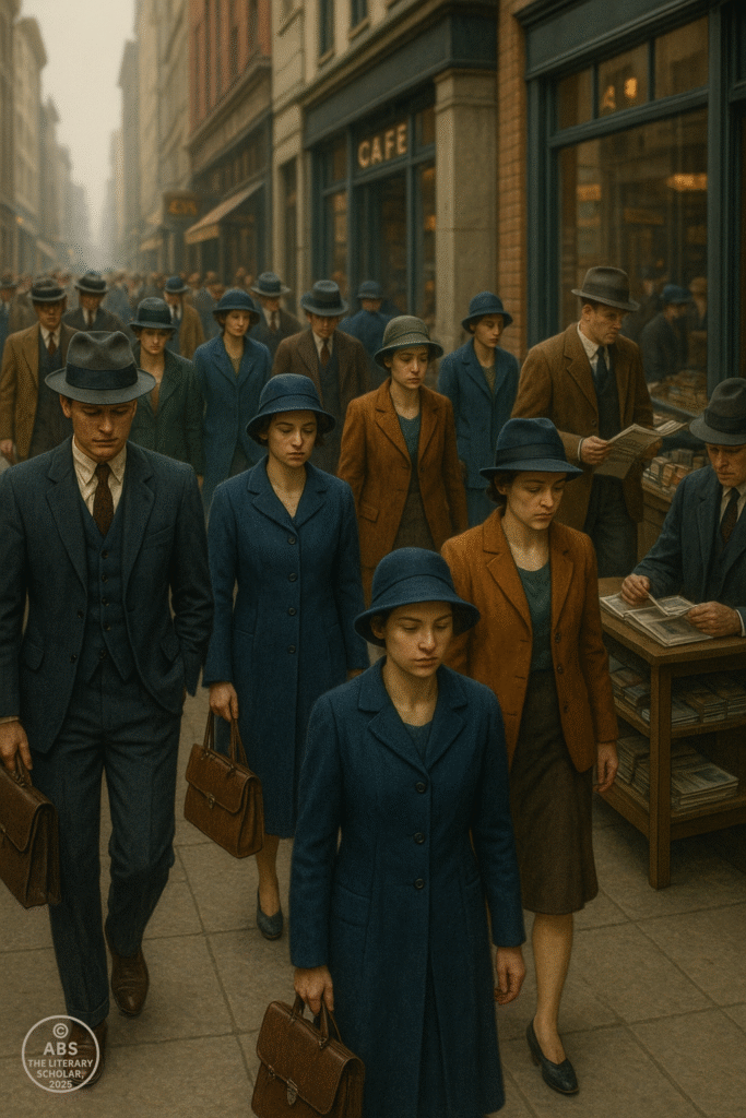Men and women in early 20th-century urban attire walk silently through a city street lined with cafes and newspaper stalls—each absorbed in their own world, symbolizing modern urban alienation.