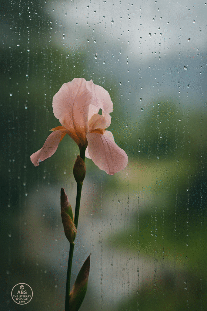 A single pink iris flower in sharp focus against a rain-streaked window, with the background softly blurred—symbolizing the clarity and precision of the Imagist poetic vision.
