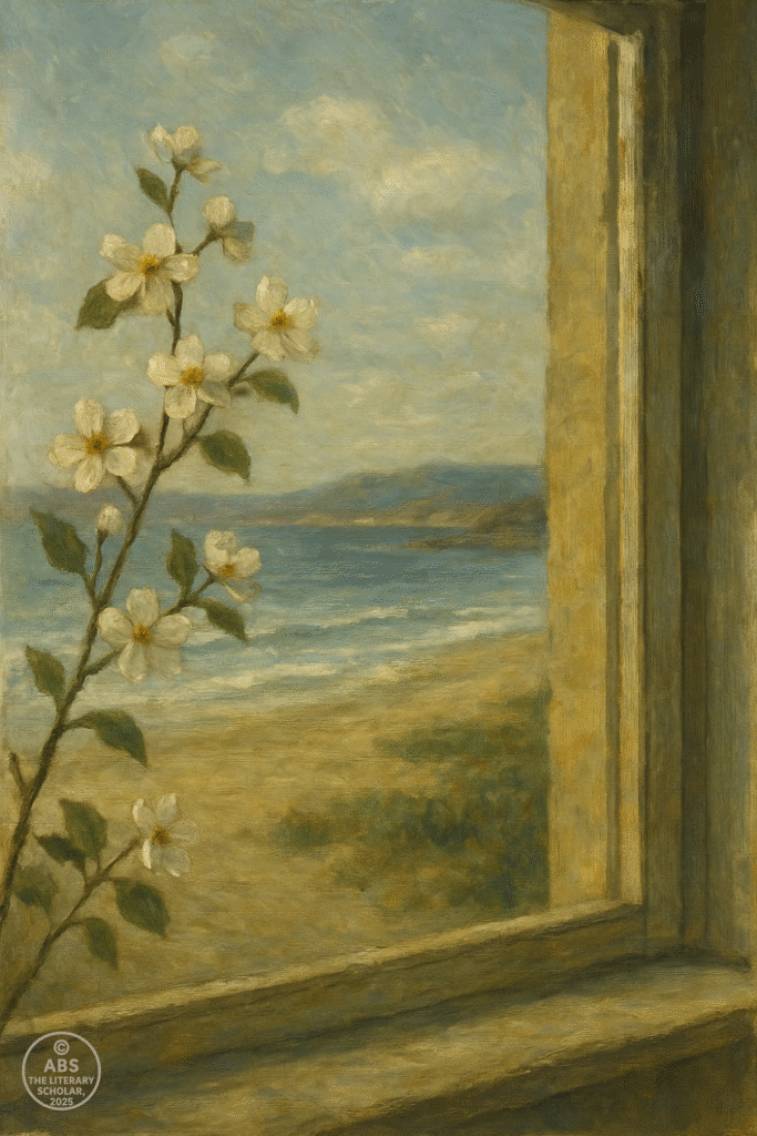 A full twig of delicate white flowers rests on a rain-specked window ledge, with soft natural light filtering through the glass—capturing the Imagist essence of purity, simplicity, and emotional clarity.